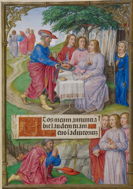 Авраам и три ангела (Ms. Ludwig IX 18, л. 11, из Часослова Спинолы), Мастер Якова IV Шотландского