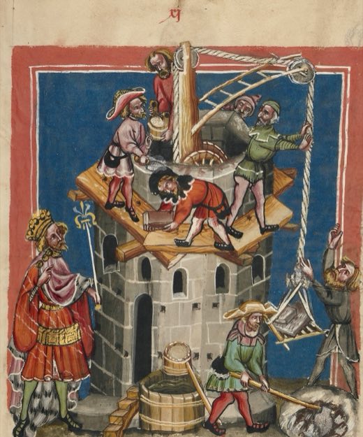Строительство Вавилонской башни (Ms. 33, л. 13, из «Всемирной хроники»), Неизвестный живописец, Регенсбург