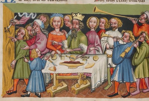 The Writing on the Wall at Belshazzar's Feast (Ms. 33, fol. 214v, from the Weltchronik)