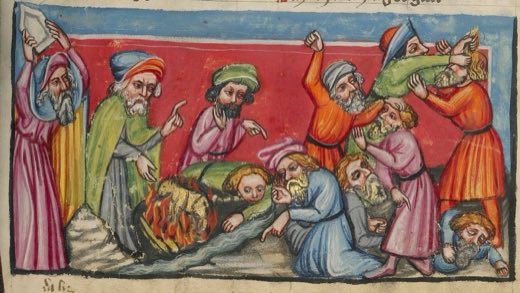 Моисей разбивает скрижали Закона и сжигает золотого тельца (Ms. 33, л. 88, из «Всемирной хроники»), Неизвестный живописец, Регенсбург