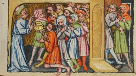 Найденная серебряная чаша; Иосиф открывается братьям (Ms. 33, л. 53, из «Всемирной хроники»), Неизвестный живописец, Регенсбург