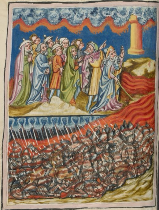 The Crossing of the Red Sea; The Egyptians Engulfed (Ms. 33, fol. 77v, from the Weltchronik)