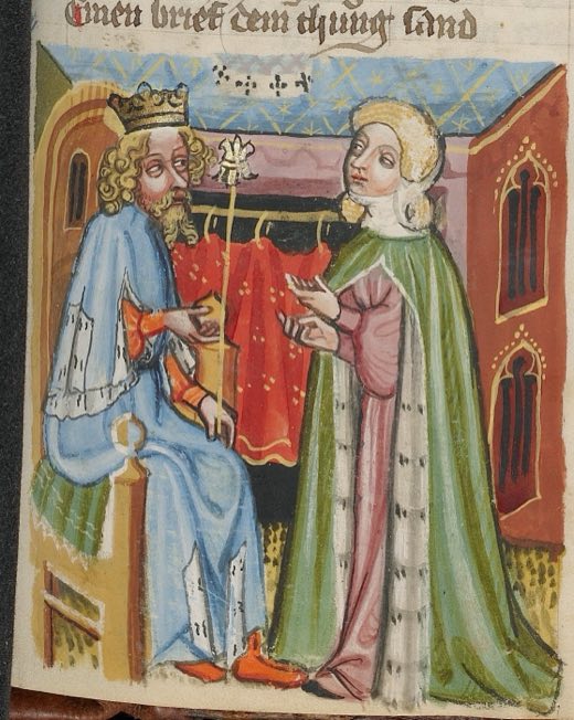 Соломон и царица Савская; вестник видит Соломона (Ms. 33, л. 207, из «Всемирной хроники»), Неизвестный живописец, Регенсбург