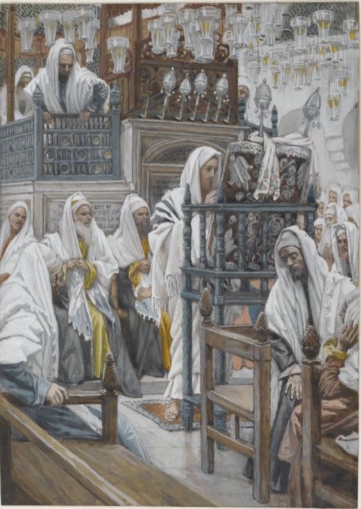 Иисус разворачивает книгу в синагоге (Jésus dans la synagogue déroule le livre), Джеймс Тиссо