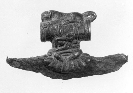 Crescent-shaped axe head with an iron blade