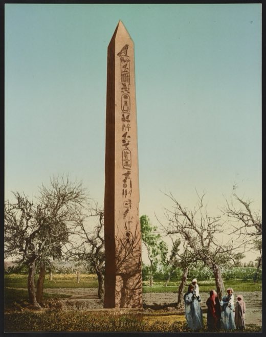 The obelisk of Senusret I at Heliopolis, the city called On in the Bible, near Cairo, c. 1890–1900.