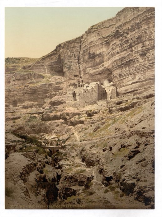 The gorge of Wadi Qelt near Jericho, shown by tradition as the Brook Cherith, with the monastery of St George on its cliff, c. 1890–1900.
