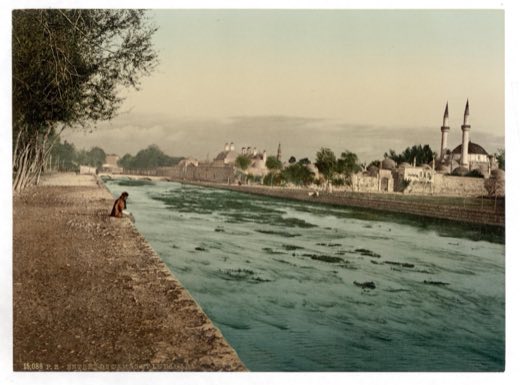 The Barada river, the ancient Abana, flowing through Damascus, c. 1890–1900.
