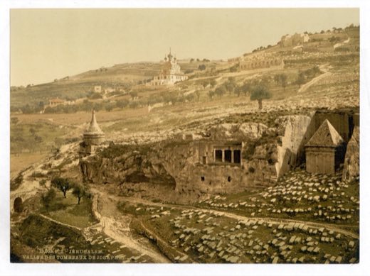 The valley below the Mount of Olives traditionally called the Valley of Jehoshaphat (the Kidron Valley), with ancient rock-cut tombs, c. 1890–1900.