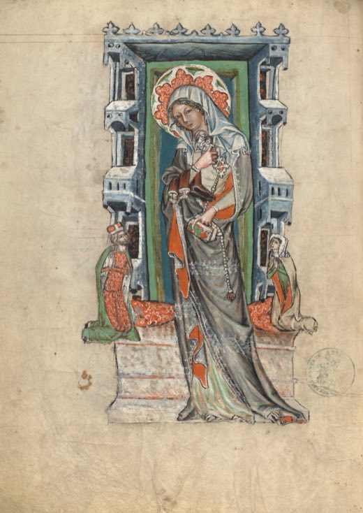 Saint Hedwig of Silesia with Duke Ludwig I of Liegnitz and Brieg and Duchess Agnes (Ms. Ludwig XI 7 (83.MN.126), fol. 12v)