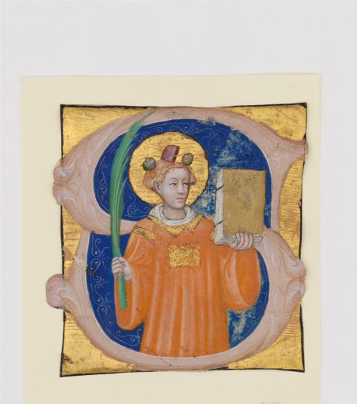 Manuscript Illumination with Saint Stephen in an Initial S, from an Antiphonary